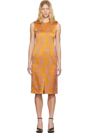 DRIES VAN NOTEN Robe midi orange et mauve à motif fleuri