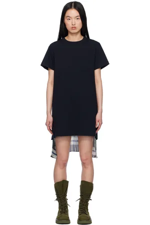 SACAI Robe courte noir et vert en jersey de coton à carreaux imprimés