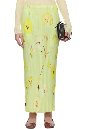Issey Miyake Jupe midi verte à plis et à motif fleuri pressé