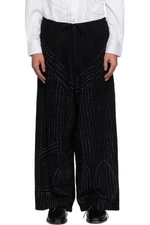 Glass Cypress Pantalon BORO noir à ornements brodés et à plis