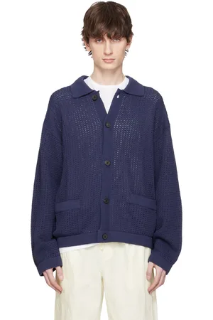 Document Cardigan bleu marine en tricot à mailles ouvertes de hanji