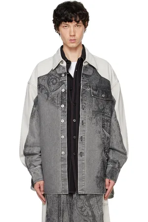 Feng Chen Wang Blouson gris en denim à motif graphique imprimé
