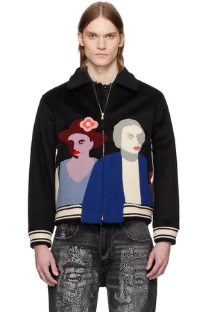 KIDSUPER STUDIOS Blouson teddy noir en laine à empiècements graphiques