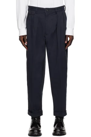 Beams Pantalon bleu marine en sergé à plis