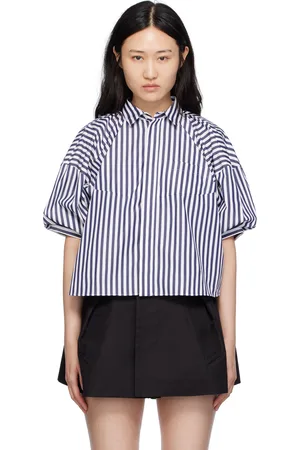 SACAI Chemise bleu marine et blanc à manches bouffantes