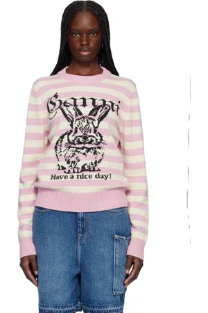 Ganni Pull rose et blanc en laine à rayures et à image de lapin
