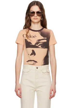 Chloé T-shirt orange et brun à col ras du cou et à logo