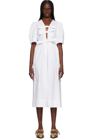 Ganni Robe midi blanche en popeline extensible de coton à attaches à nouer
