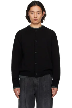 Solid Cardigan noir en bouclé de coton à col ras du cou