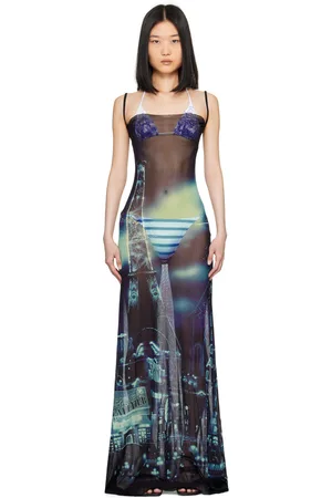 Jean Paul Gaultier Robe longue bleue à col bénitier et à motif Pigalle - Fashion Fiction