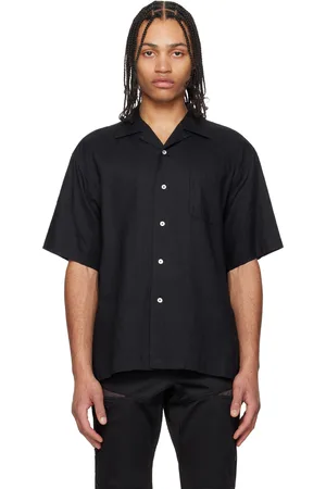 Fumito Ganryu Chemise noire en lin à fentes latérales et à col ouvert