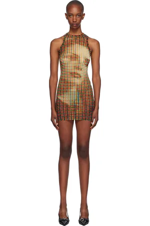 Jean Paul Gaultier Robe courte jaune et vert à motif tartan et à image de visage - Très Gaultier
