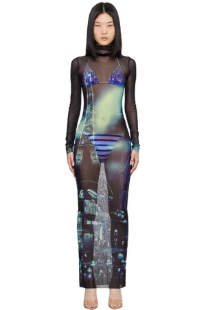 Jean Paul Gaultier Robe longue bleue à motif Pigalle - Fashion Fiction
