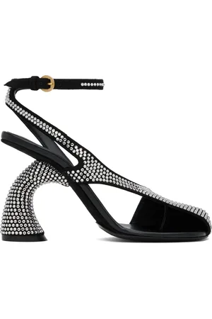 DRIES VAN NOTEN Sandales à talon virgule noires en cuir à ornements facettés