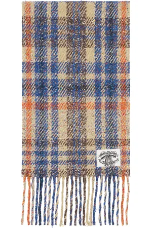 Acne Studios Écharpe beige et bleu à carreaux et à franges