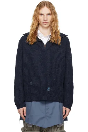 Maison Margiela Pull molletonné bleu marine en tricot léger de laine Shetland