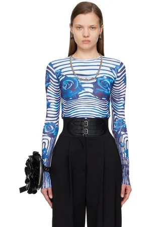 Jean Paul Gaultier T-shirt à manches longues blanc et bleu à motif graphique