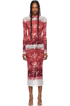 Jean Paul Gaultier Robe midi rouge et blanc à images à logo - Très Gaultier