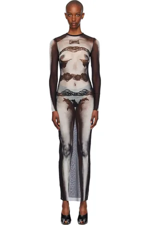 Jean Paul Gaultier Robe longue noire à image et logo imprimés