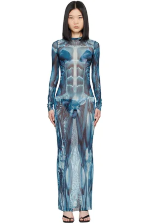 Jean Paul Gaultier Robe longue bleue à motif Écorché - Fashion Fiction