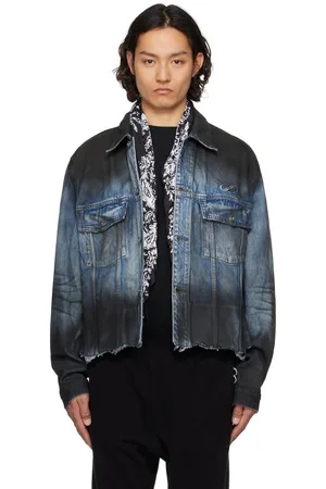 We11 Done Blouson de sport bleu en denim à logo Selldone et à effet aérosol
