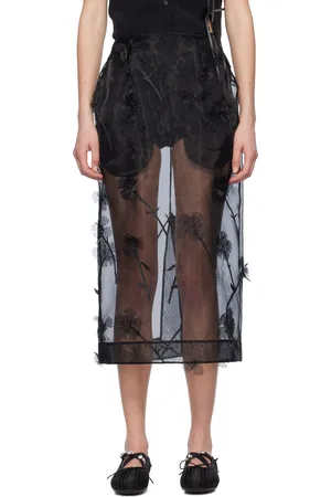 Simone Rocha Jupe crayon midi noire en organza à appliqués floraux