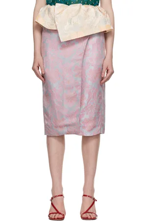 DRIES VAN NOTEN Jupe midi bleue à basque et à motif fleuri en jacquard