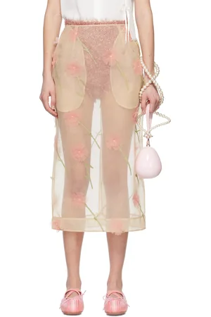 Simone Rocha Jupe crayon midi beige en organza à appliqués floraux