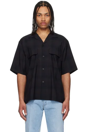 Kaptain Sunshine Chemise à manches courtes bleu marine et noir à col ouvert