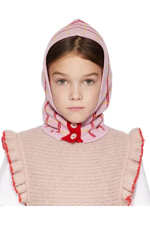Ligne Noire Enfant | Passe-montagne rose et rouge à motif tartan