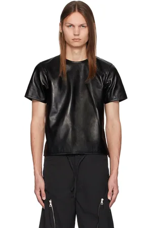 DRIES VAN NOTEN T-shirt noir en cuir à col ras du cou