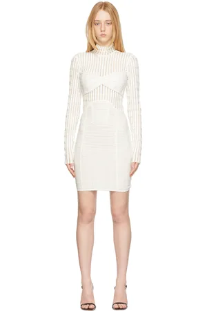 Hervé Léger Robe blanche en filet à rayures