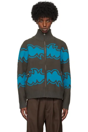 Bluemarble Blouson brun et bleu à motif en tricot jacquard et à glissière