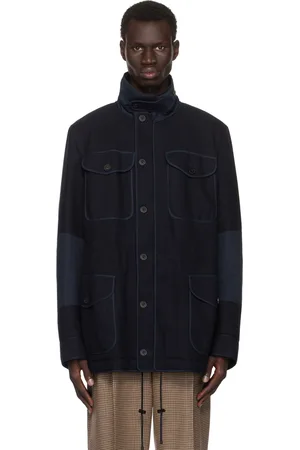 DRIES VAN NOTEN Blouson bleu marine en gabardine de laine