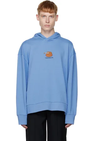 CALVINLUO Pull à capuche bleu à broderie