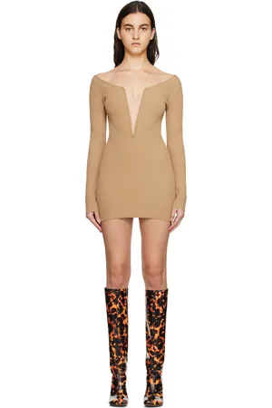 DION LEE Robe courte brune en tricot côtelé