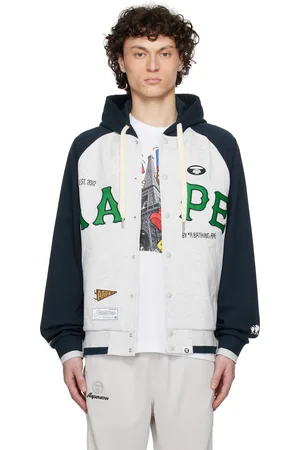 A Bathing Ape Blouson gris et bleu marine à glissière et à écussons à logo