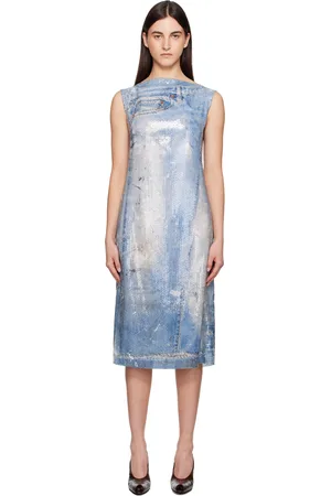 Acne Studios Robe midi bleue à paillettes et à image de denim imprimée