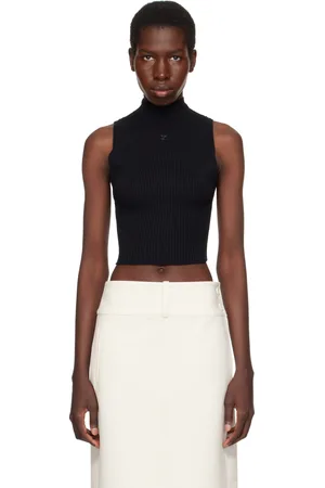 Courrèges Débardeur écourté noir en tricot côtelé léger à col cheminée