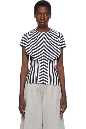 pushBUTTON T-shirt bleu marine et blanc en jersey à rayures et à poitrine drapée