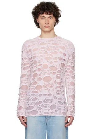 Acne Studios Pull étagé rose et blanc en tricot à mailles ouvertes