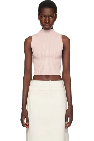 Courrèges Débardeur écourté rose en tricot côtelé léger à col cheminée