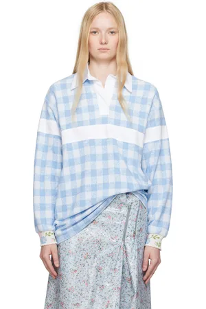 Anna Sui Polo à manches longues bleu et blanc en tissu éponge à motif guingan