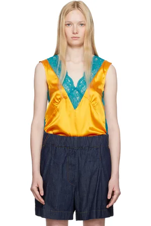 DRIES VAN NOTEN Débardeur orange et bleu en soie à garnitures en dentelle