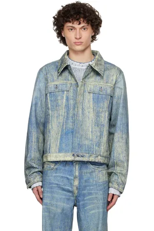 Camper Blouson bleu en denim à délavage à moustaches imprimé