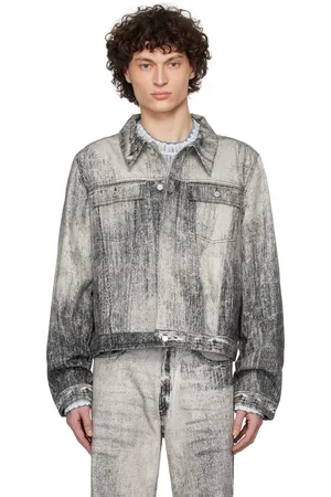 Camper Blouson gris en denim à délavage à moustaches imprimé