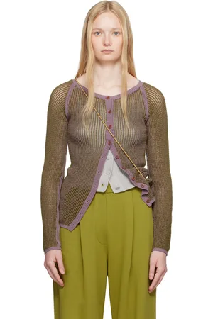 DRIES VAN NOTEN Cardigan kaki et mauve en tricot à mailles ouvertes