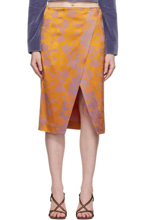 DRIES VAN NOTEN Jupe midi orange et mauve à motif fleuri