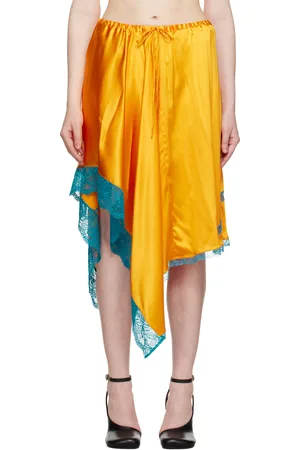DRIES VAN NOTEN Jupe midi asymétrique orange et bleu en soie