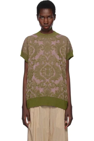 DRIES VAN NOTEN Pull kaki et rose à motif en jacquard